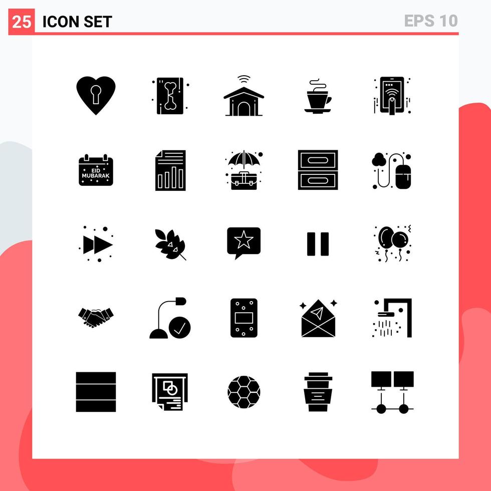 Modern Set of 25 Solid Glyphs Pictograph of touch hand home indian cup Editable Vector Design Elements