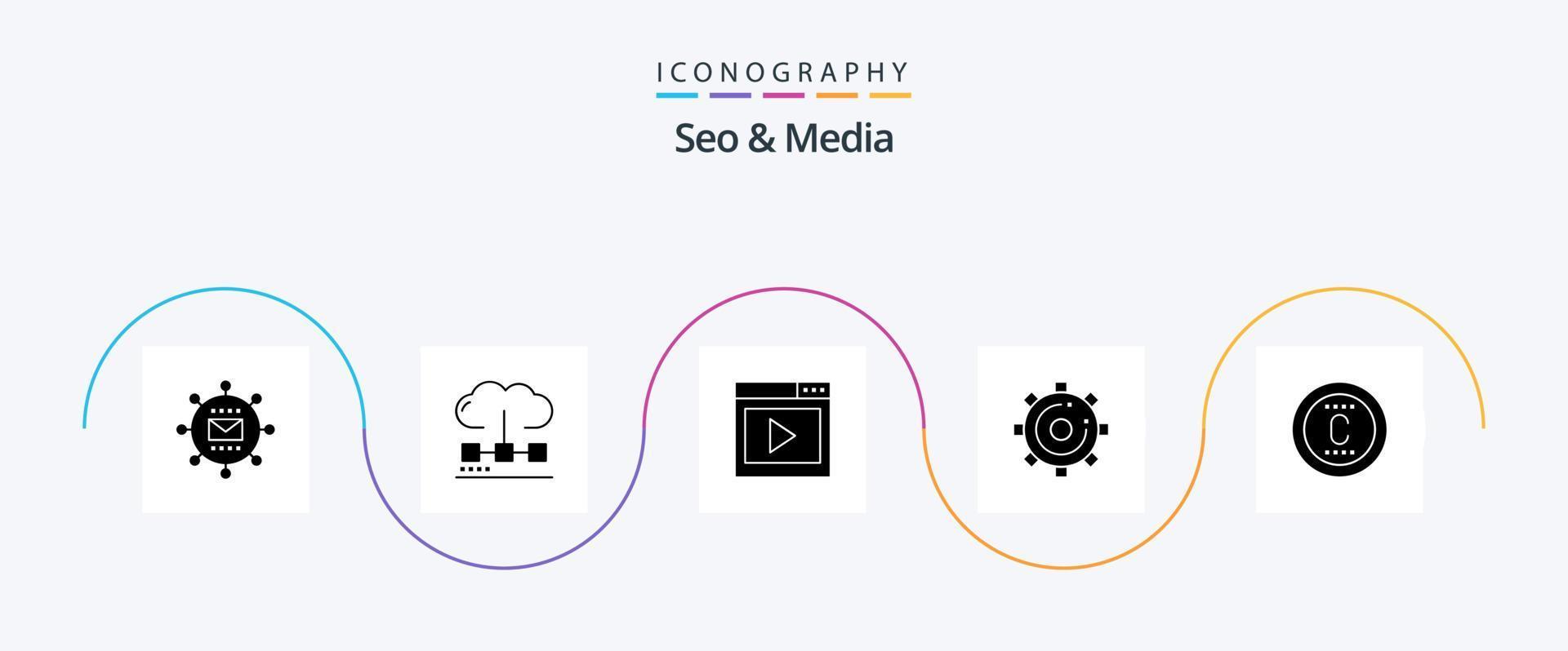 paquete de iconos de seo y media glyph 5 que incluye optimización. motor. medios de comunicación. pagina de videos medios de comunicación vector