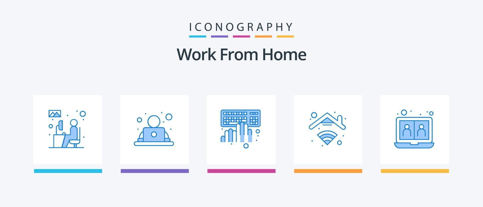 Work From Home Blue 5 Icon Pack Including connection. internet. worker. home. typing. Creative Icons Design vector