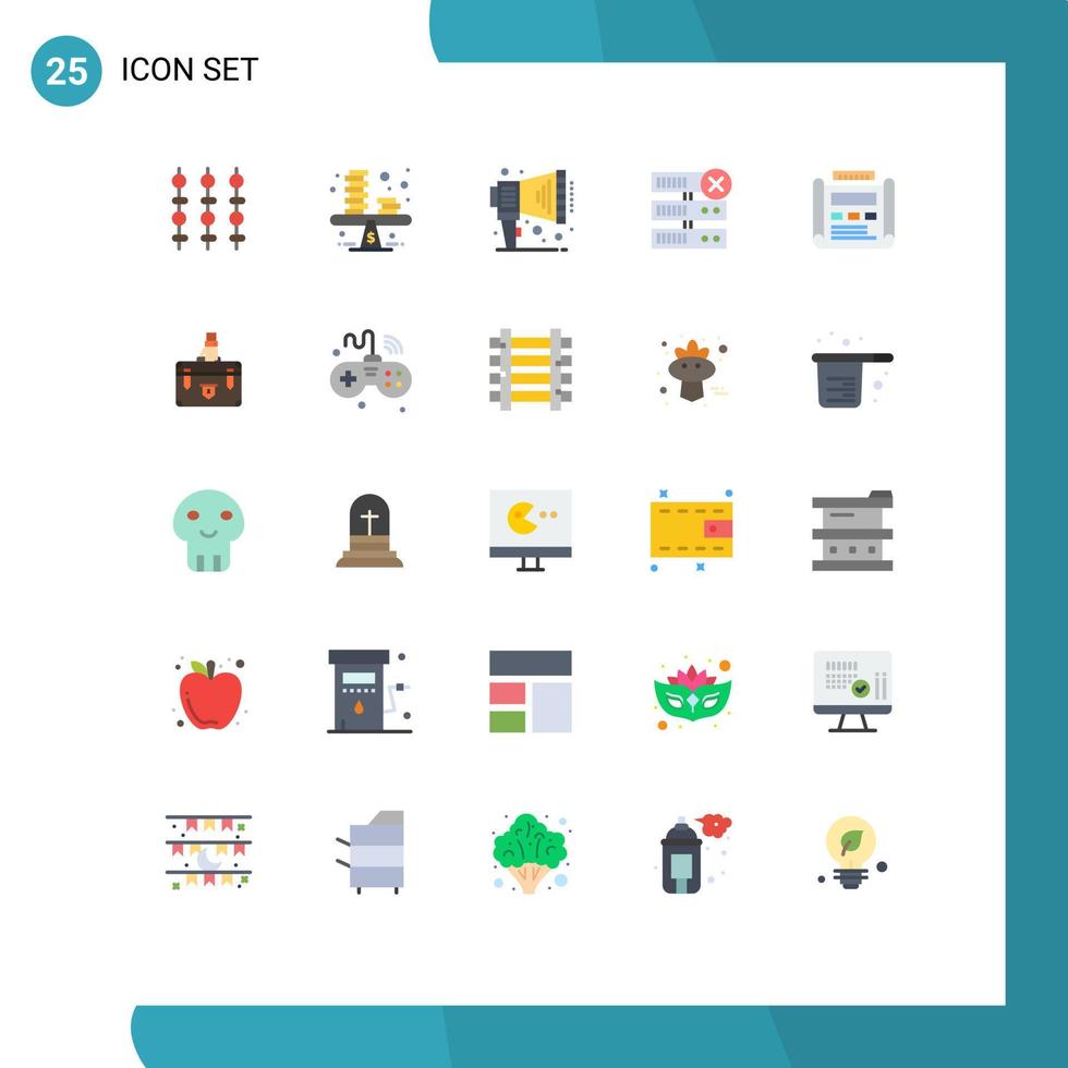 interfaz móvil conjunto de colores planos de 25 pictogramas de desarrollo blueprint monedas base de datos del servidor elementos de diseño vectorial editables vector