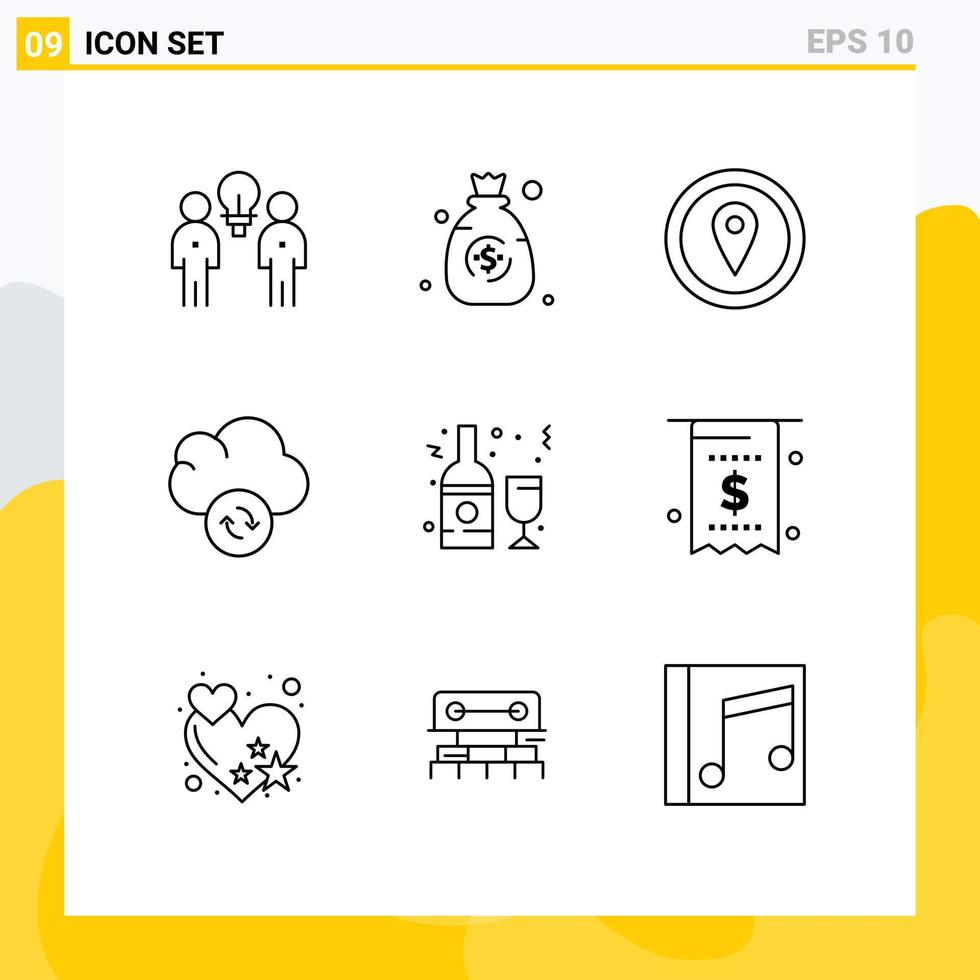 grupo de 9 esquemas modernos establecidos para elementos de diseño vectorial editables en la nube de sincronización gps de alcohol en botella vector