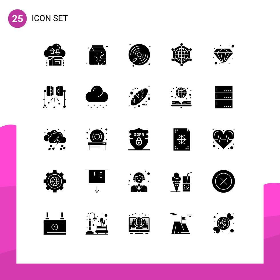 25 Universal Solid Glyph Signs Symbols of web data supermarket analytics player Editable Vector Design Elements