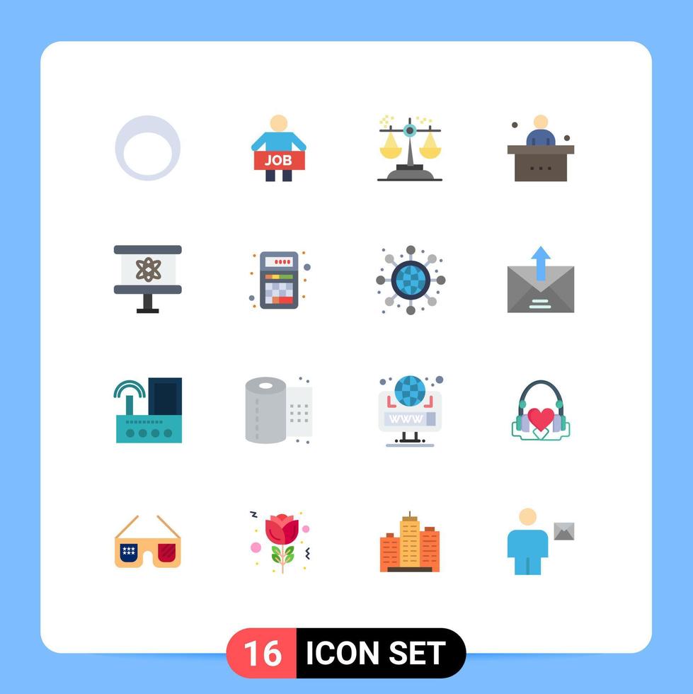 Universal Icon Symbols Group of 16 Modern Flat Colors of student desk worker classroom judgment Editable Pack of Creative Vector Design Elements