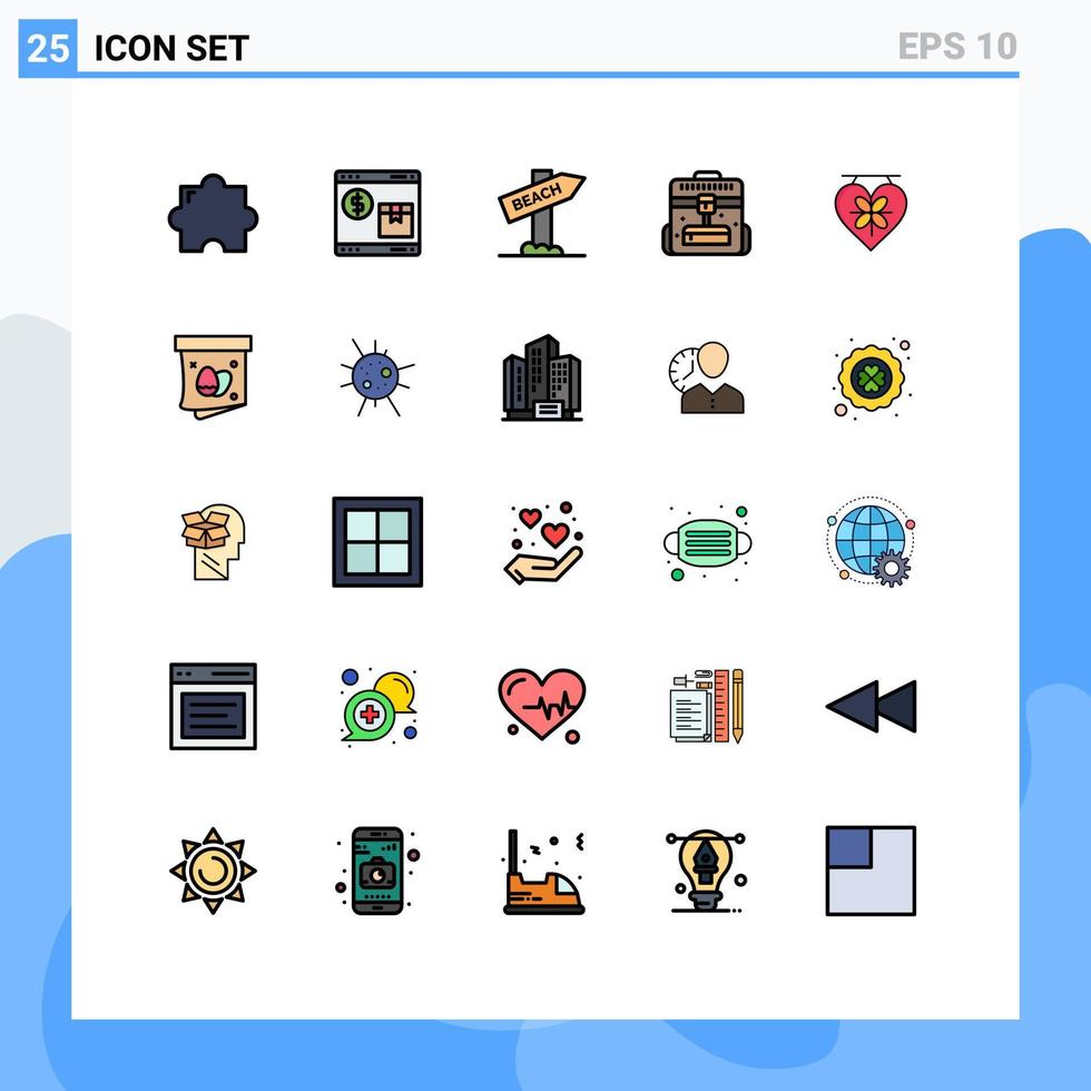 Mobile Interface Filled line Flat Color Set of 25 Pictograms of love travel beach office briefcase Editable Vector Design Elements