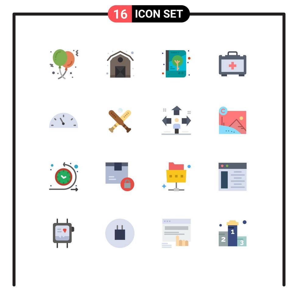 16 Universal Flat Color Signs Symbols of performance motivation book health bag print Editable Pack of Creative Vector Design Elements