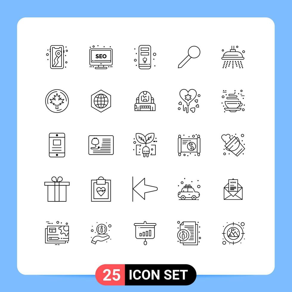 User Interface Pack of 25 Basic Lines of shower water computer mark pin Editable Vector Design Elements