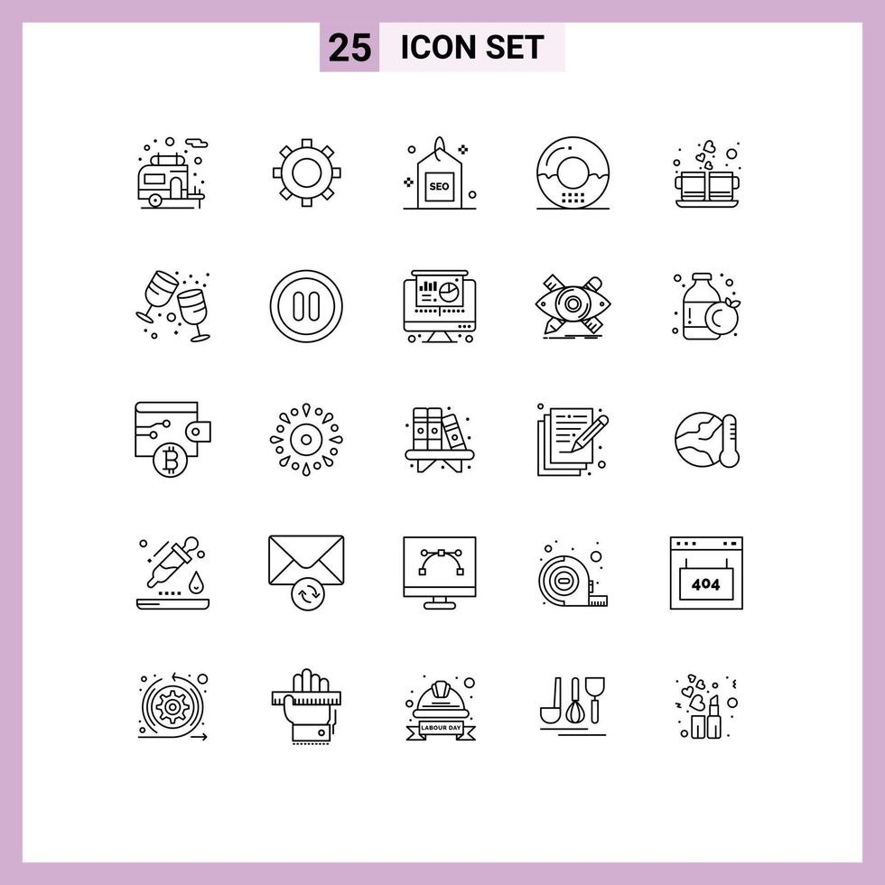 Line Pack of 25 Universal Symbols of heart meal optimized food donut Editable Vector Design Elements