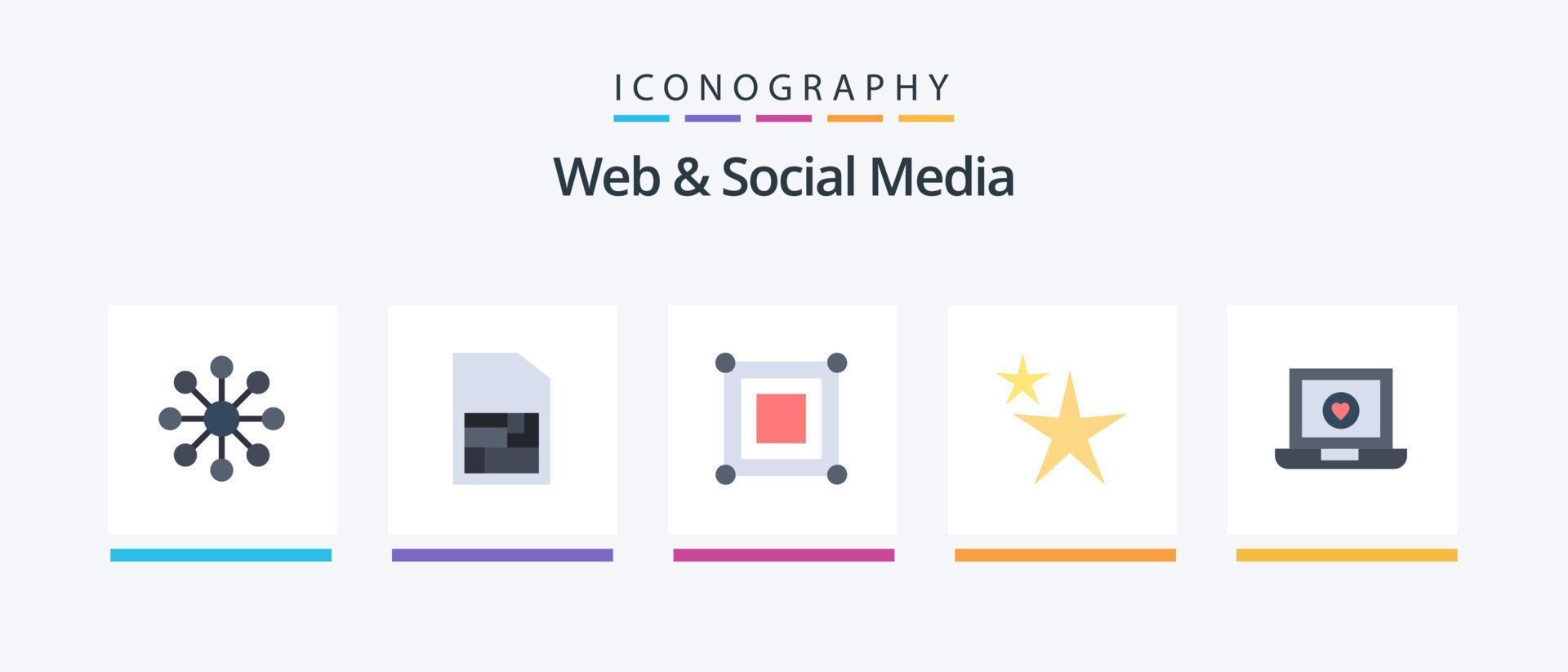 paquete de 5 iconos planos de web y redes sociales que incluye . corazón. esquina. computadora portátil. estrella. diseño de iconos creativos vector