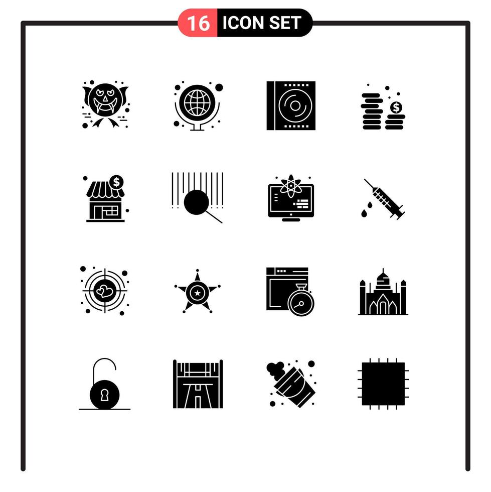 Pack of 16 Modern Solid Glyphs Signs and Symbols for Web Print Media such as shop money blu ray coins disc Editable Vector Design Elements