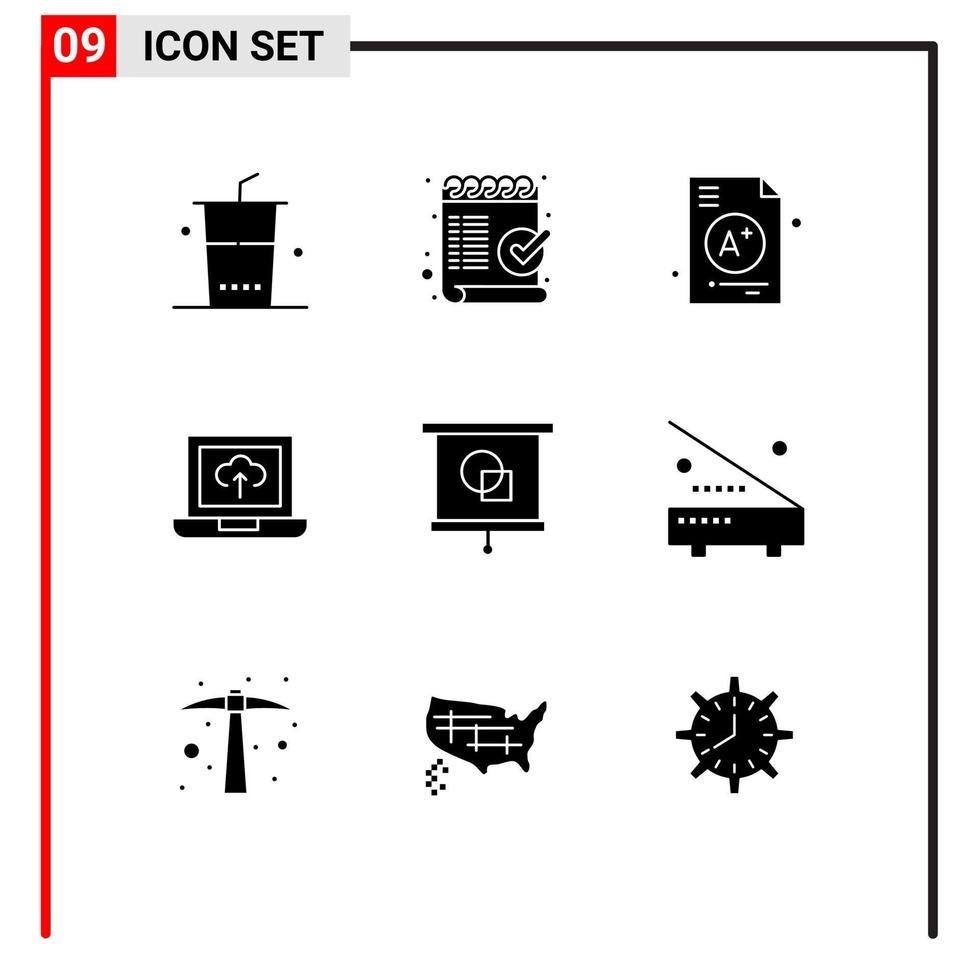 conjunto de glifos sólidos de interfaz móvil de 9 pictogramas de flecha de educación ok cargar elementos de diseño vectorial editables de la escuela vector