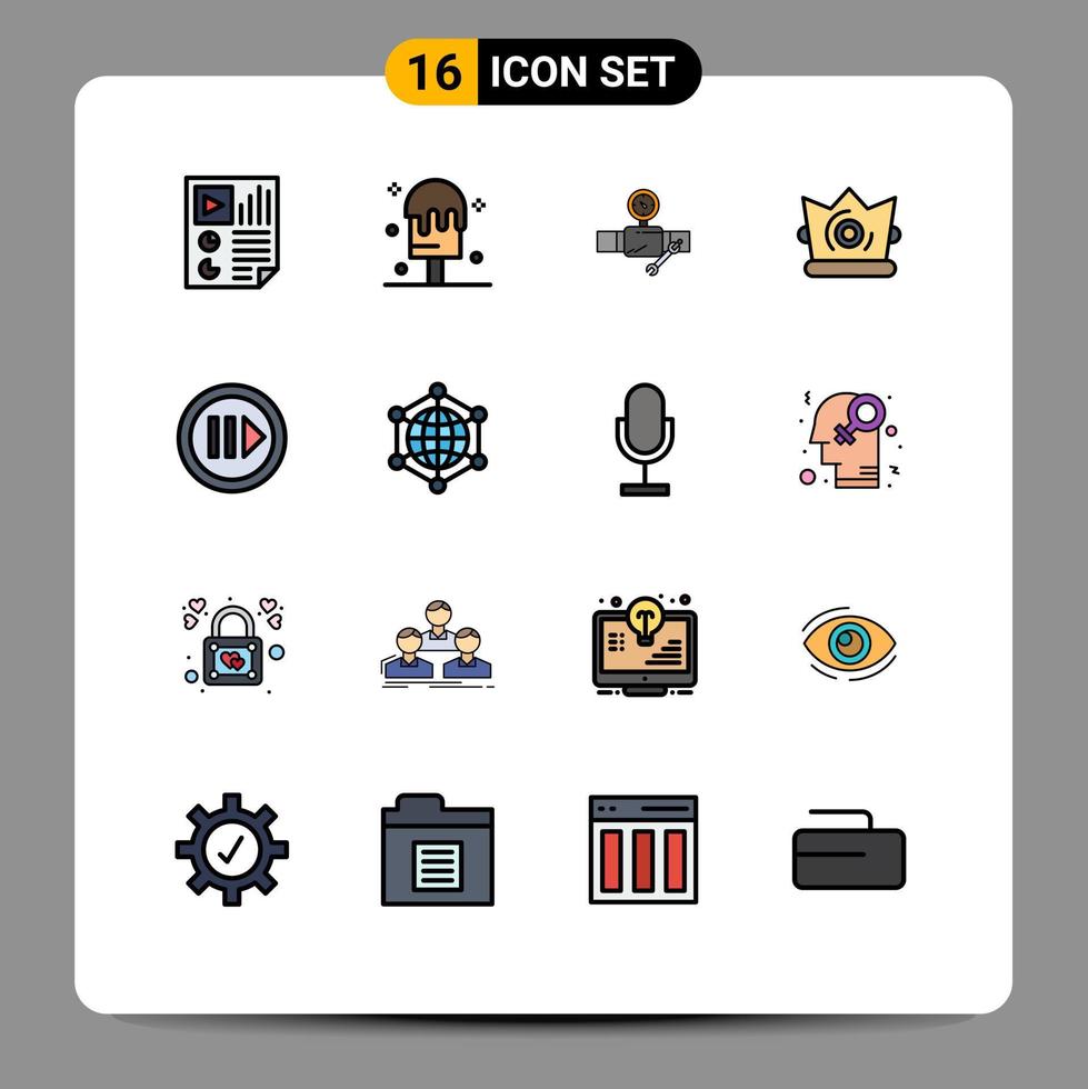 Mobile Interface Flat Color Filled Line Set of 16 Pictograms of media king pipe crown gage Editable Creative Vector Design Elements