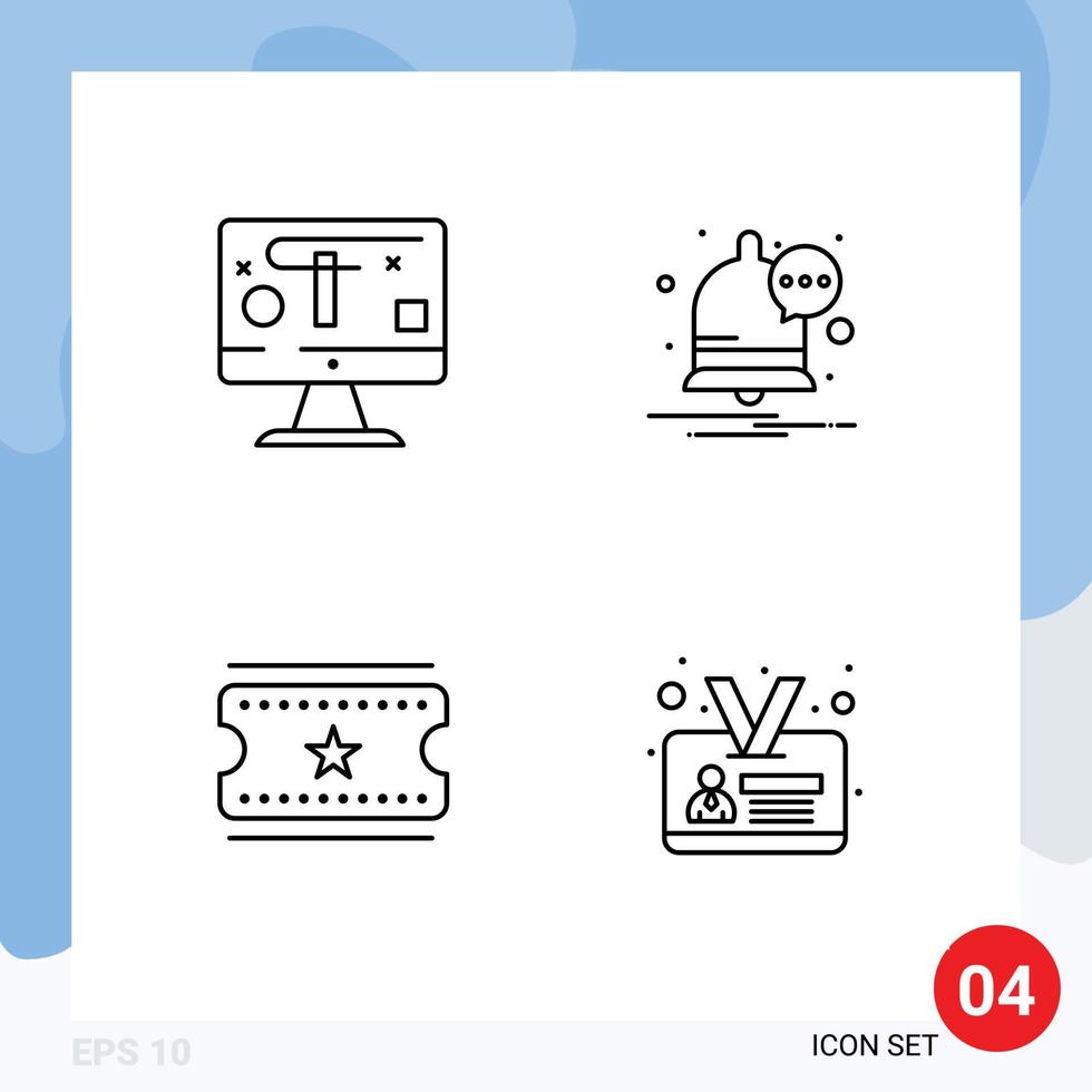 conjunto moderno de 4 colores planos y símbolos de línea de llenado, como entradas de películas de computadora, notificación de gráficos, tarjeta de identificación, elementos de diseño de vectores editables