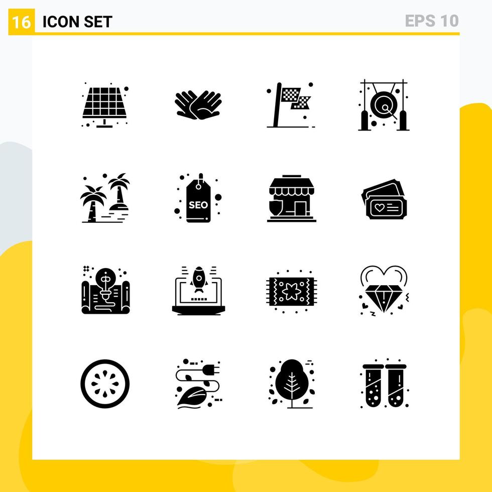 Modern Set of 16 Solid Glyphs and symbols such as metal chinese check bell flag Editable Vector Design Elements