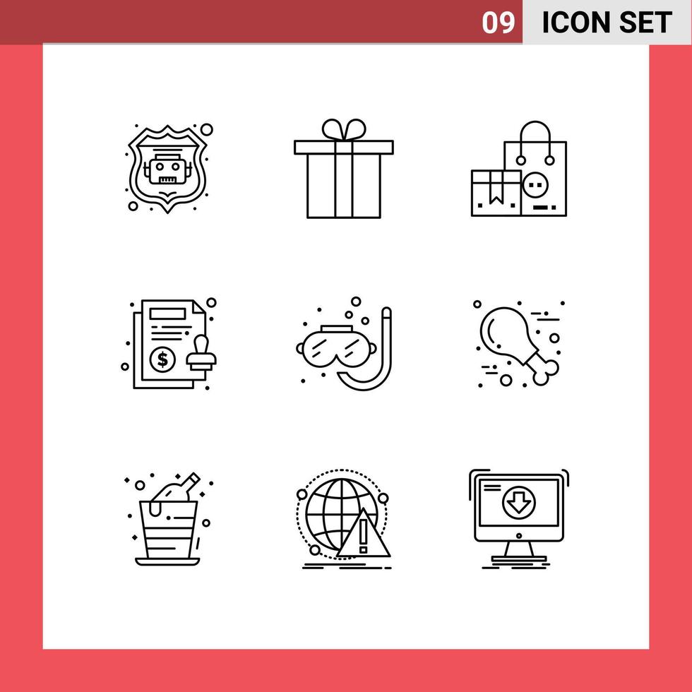 Stock Vector Icon Pack of 9 Line Signs and Symbols for snorkeling diving product paper contract Editable Vector Design Elements