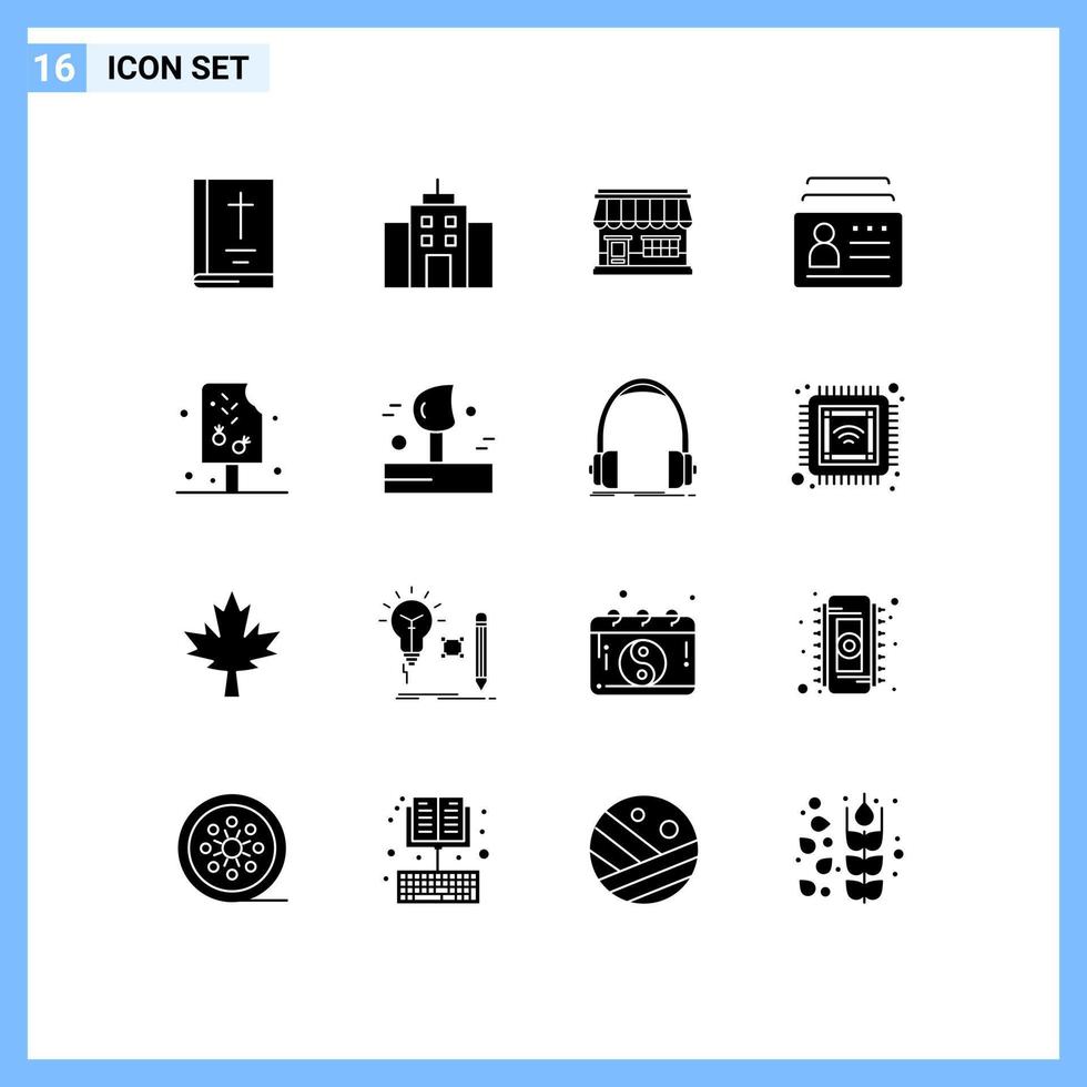 Set of 16 Vector Solid Glyphs on Grid for identification document shop card building Editable Vector Design Elements