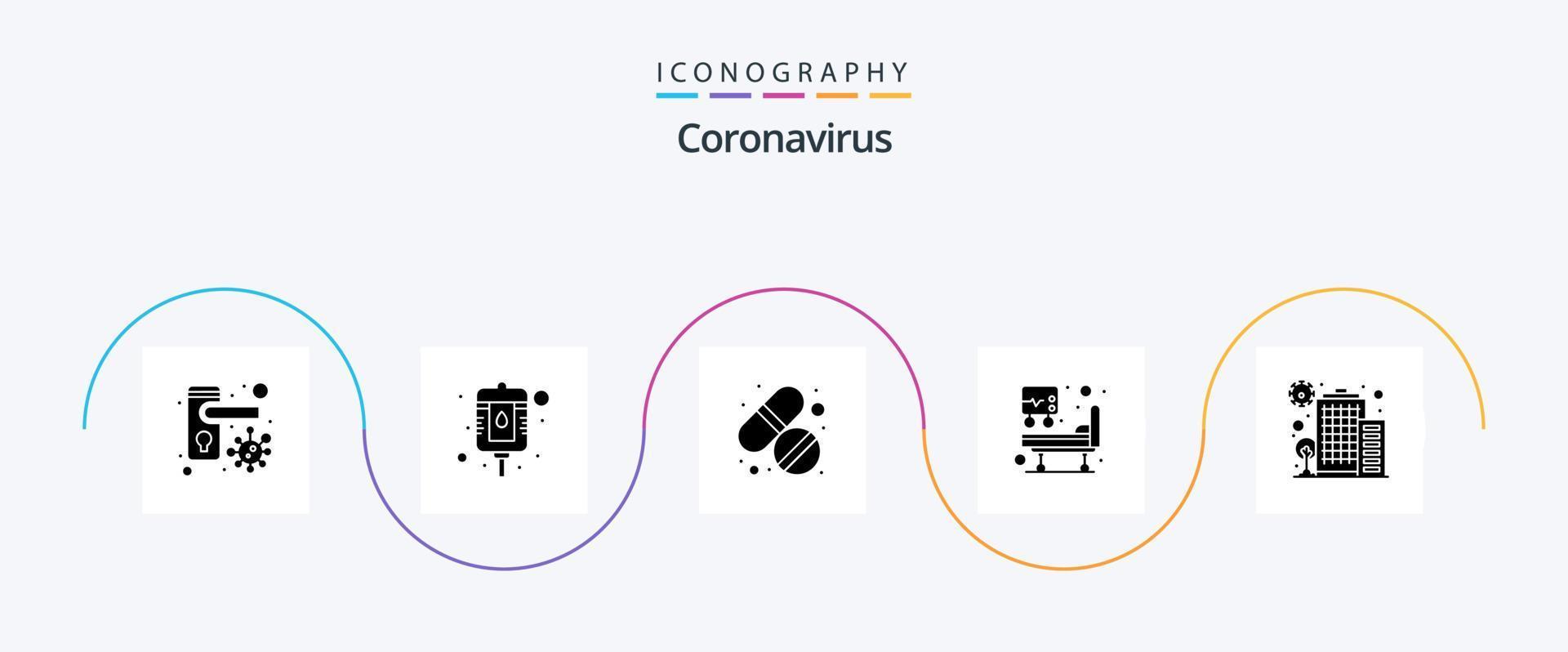 paquete de iconos de glifo 5 de coronavirus que incluye coronavirus. medicamento. tratamiento médico. Cama de hospital vector