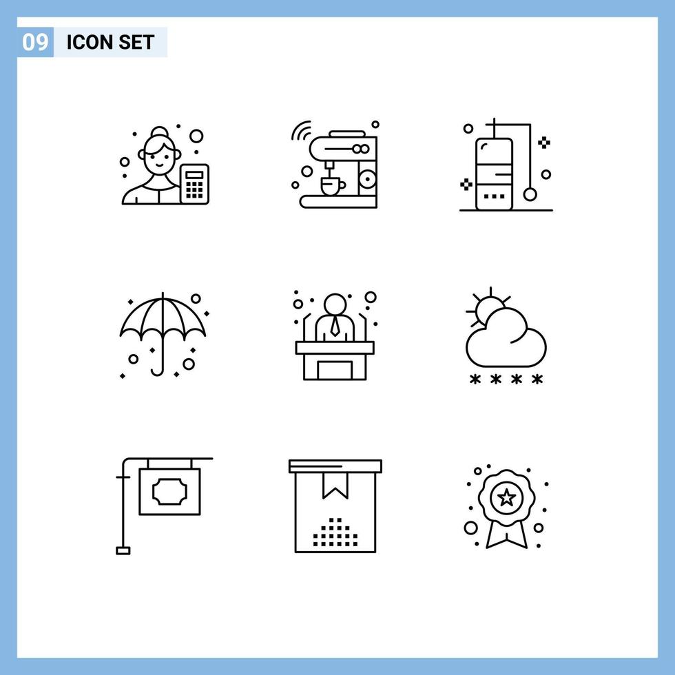 conjunto moderno de 9 esquemas y símbolos, como elementos de diseño de vectores editables de vacaciones de paraguas de máquina meteorológica solicitante