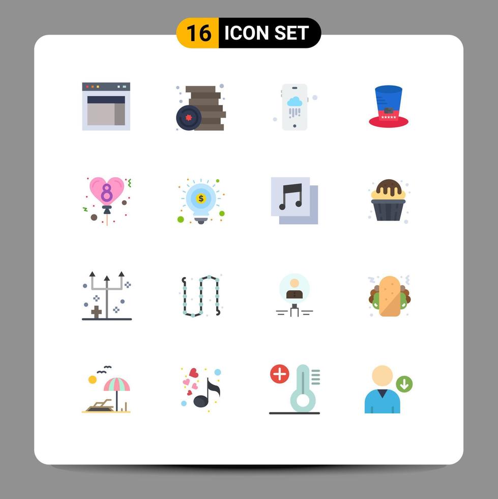 Universal Icon Symbols Group of 16 Modern Flat Colors of balloon presidents play hat rainy Editable Pack of Creative Vector Design Elements