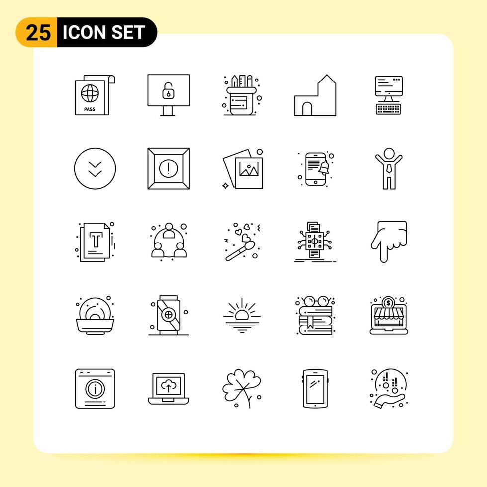 Pack of 25 Modern Lines Signs and Symbols for Web Print Media such as computing keyboard supplies computer fortress Editable Vector Design Elements