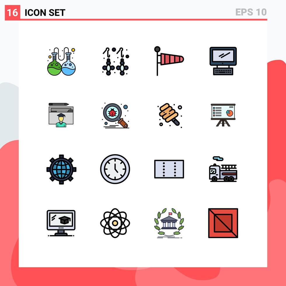 16 Universal Flat Color Filled Lines Set for Web and Mobile Applications education pc parachute imac monitor Editable Creative Vector Design Elements
