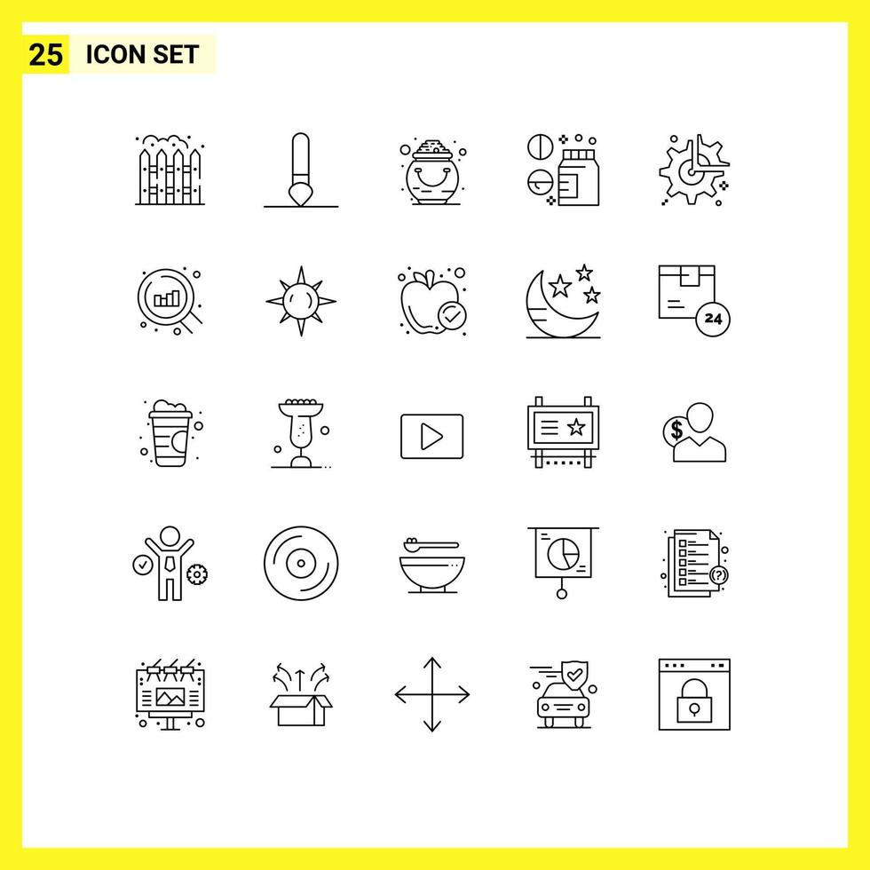 Line Pack of 25 Universal Symbols of wheel gear luck wellness healthcare Editable Vector Design Elements