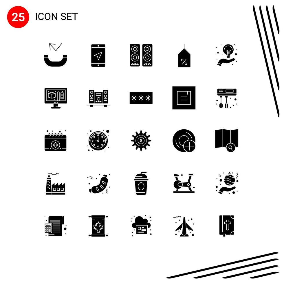 Set of 25 Vector Solid Glyphs on Grid for hand bulb entertaiment logistic label Editable Vector Design Elements