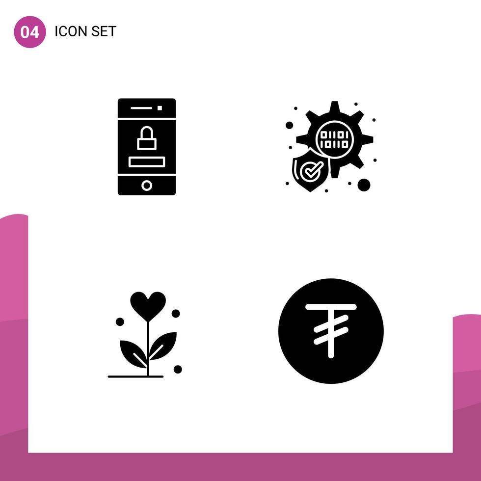 Pack of 4 creative Solid Glyphs of locked tugrik technology flower mongolia Editable Vector Design Elements