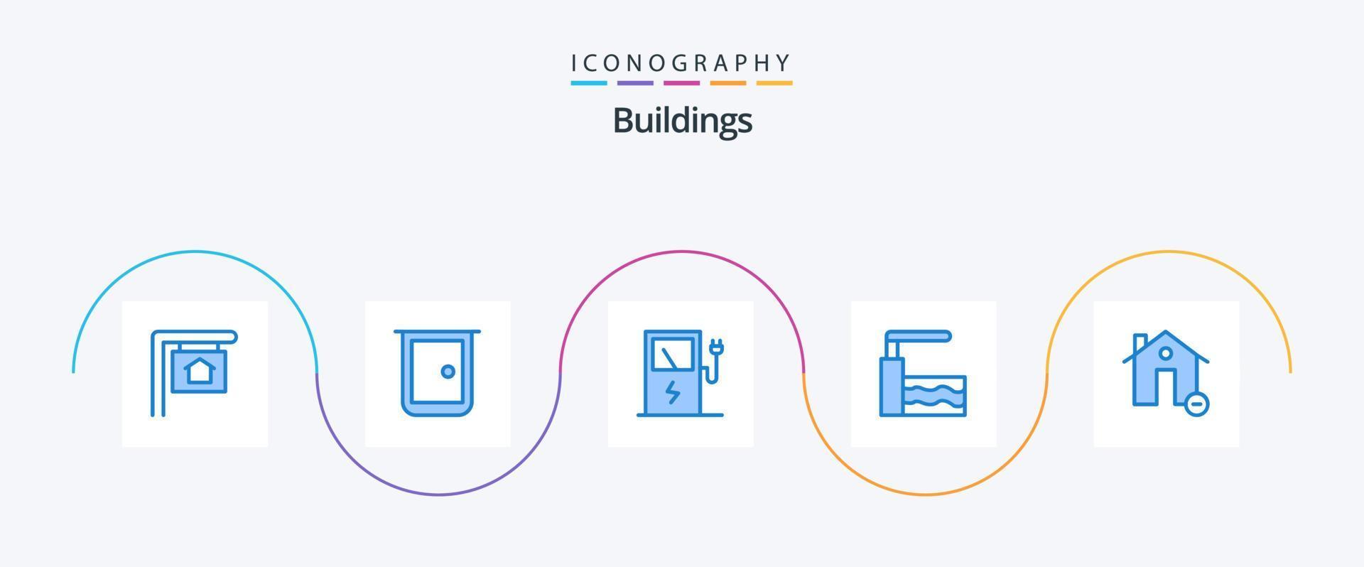 paquete de iconos de 5 edificios azules que incluye la casa. borrar. cargar. edificios trampolín vector