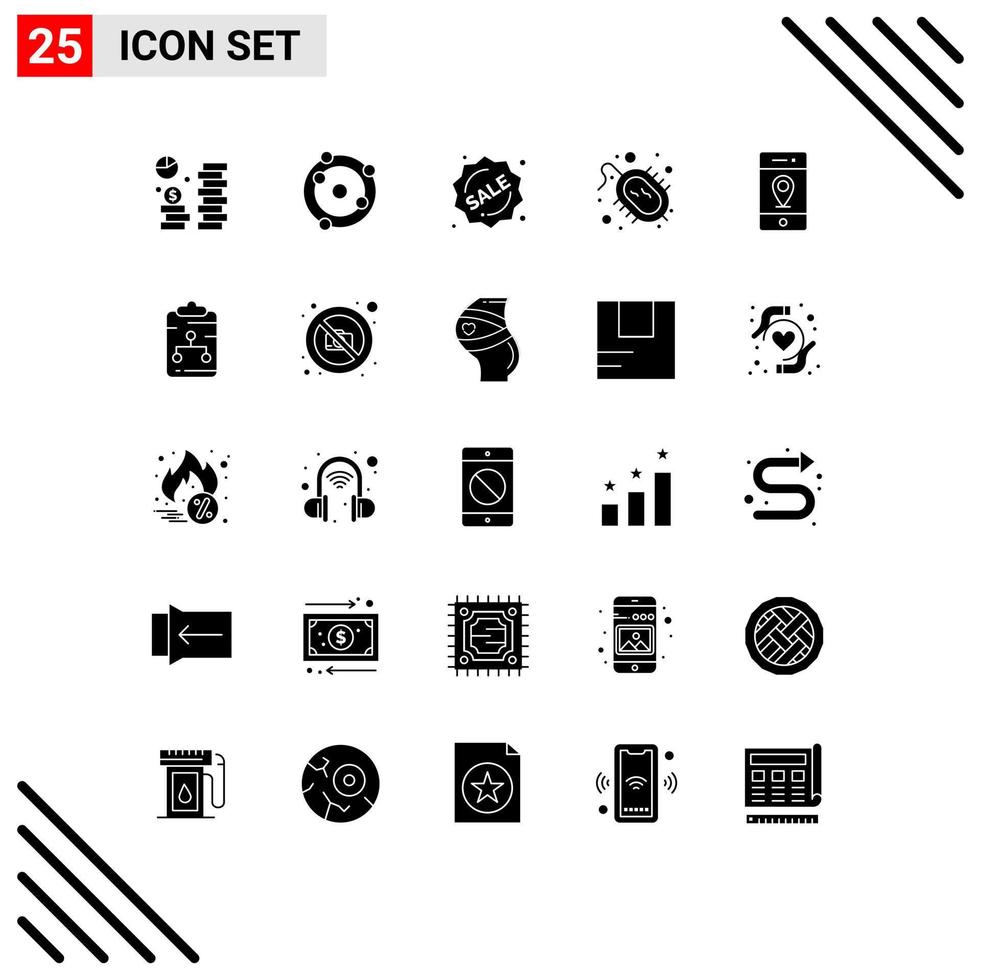 Pack of 25 creative Solid Glyphs of location virus biochemistry disease shopping Editable Vector Design Elements
