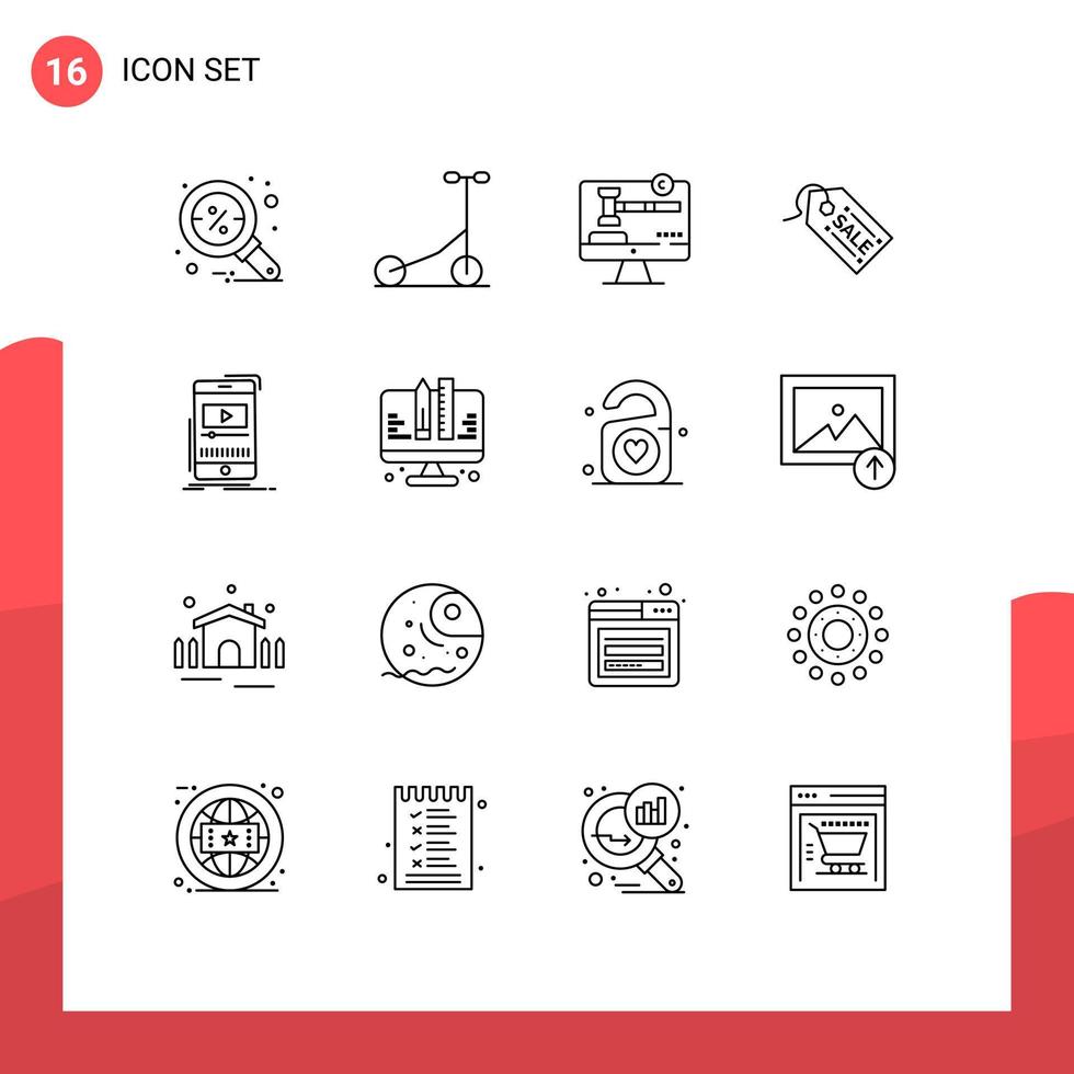 Universal Icon Symbols Group of 16 Modern Outlines of player media copyright sale shopping Editable Vector Design Elements