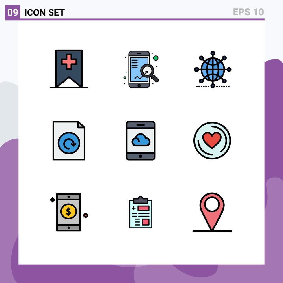 paquete de 9 signos y símbolos modernos de colores planos de línea rellena para medios de impresión web, como elementos de diseño de vectores editables de documento de recarga global de copia de seguridad de smartphone