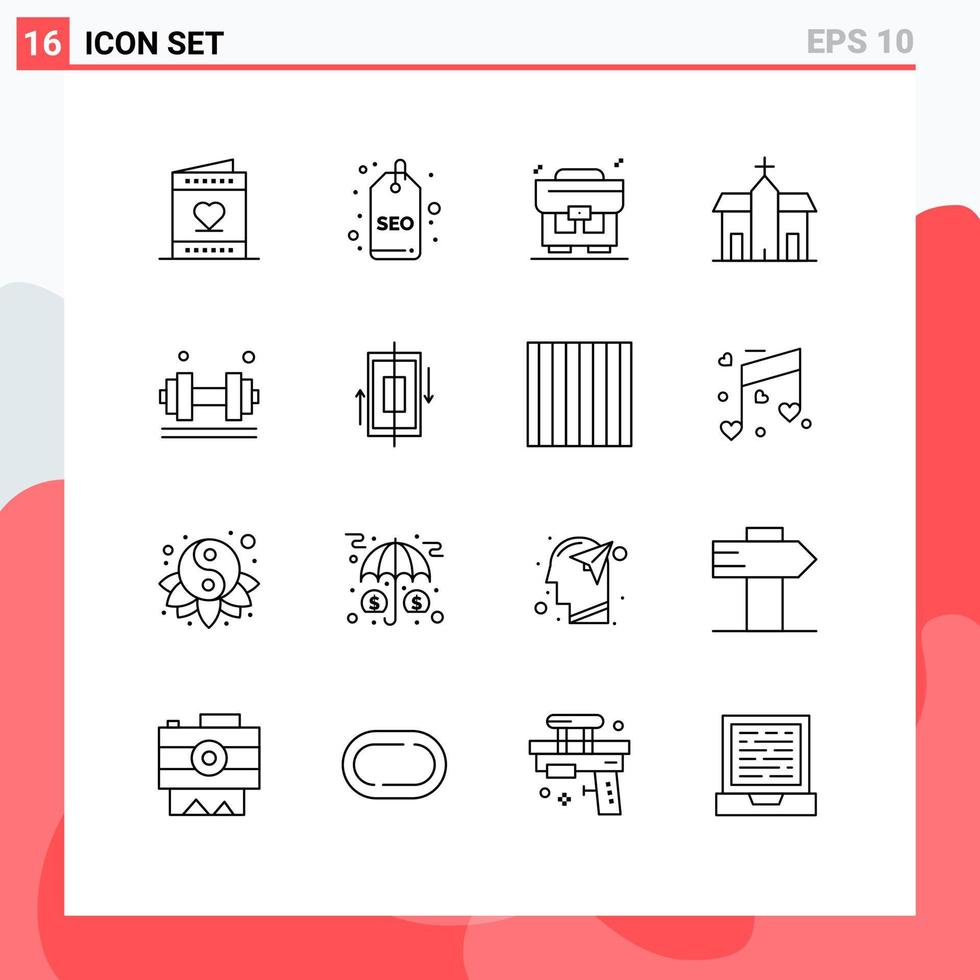 Pictogram Set of 16 Simple Outlines of dumbell historic tag church building Editable Vector Design Elements