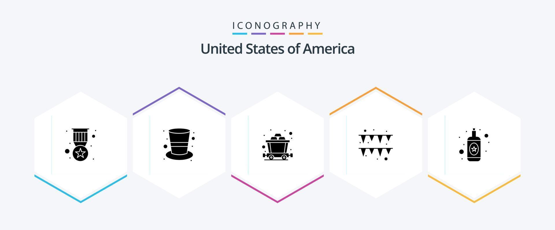 paquete de iconos de 25 glifos de EE. UU. que incluye . botella. carro. alcohol. guirnalda vector