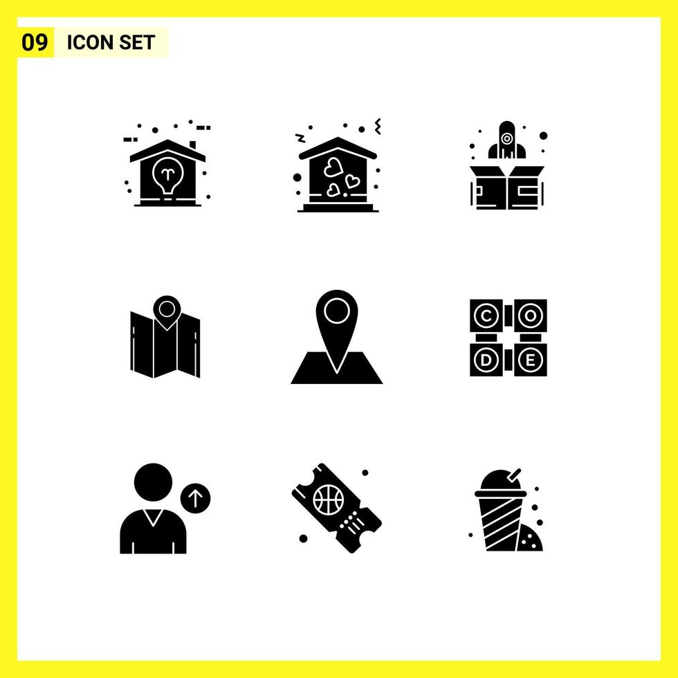 Pack of 9 creative Solid Glyphs of location pointer rocket navigation direction Editable Vector Design Elements