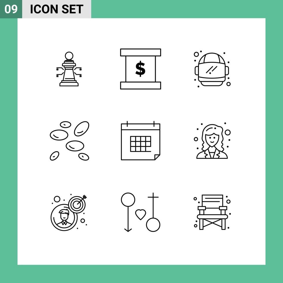 9 Universal Outlines Set for Web and Mobile Applications day calendar helmet appointment white blood cells Editable Vector Design Elements