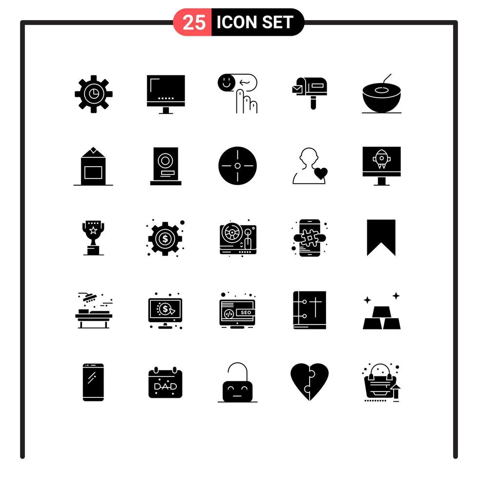 Pack of 25 Modern Solid Glyphs Signs and Symbols for Web Print Media such as coconut mail monitor box rating Editable Vector Design Elements
