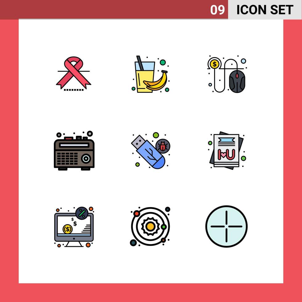 Group of 9 Modern Filledline Flat Colors Set for malware recorder juice radio cash Editable Vector Design Elements
