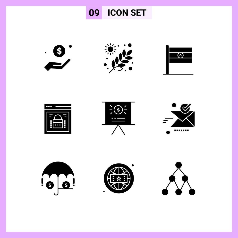 Set of 9 Commercial Solid Glyphs pack for web security protected browser grains page lock day Editable Vector Design Elements