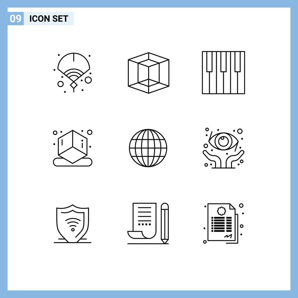 Group of 9 Outlines Signs and Symbols for web globe keyboard shape cube Editable Vector Design Elements