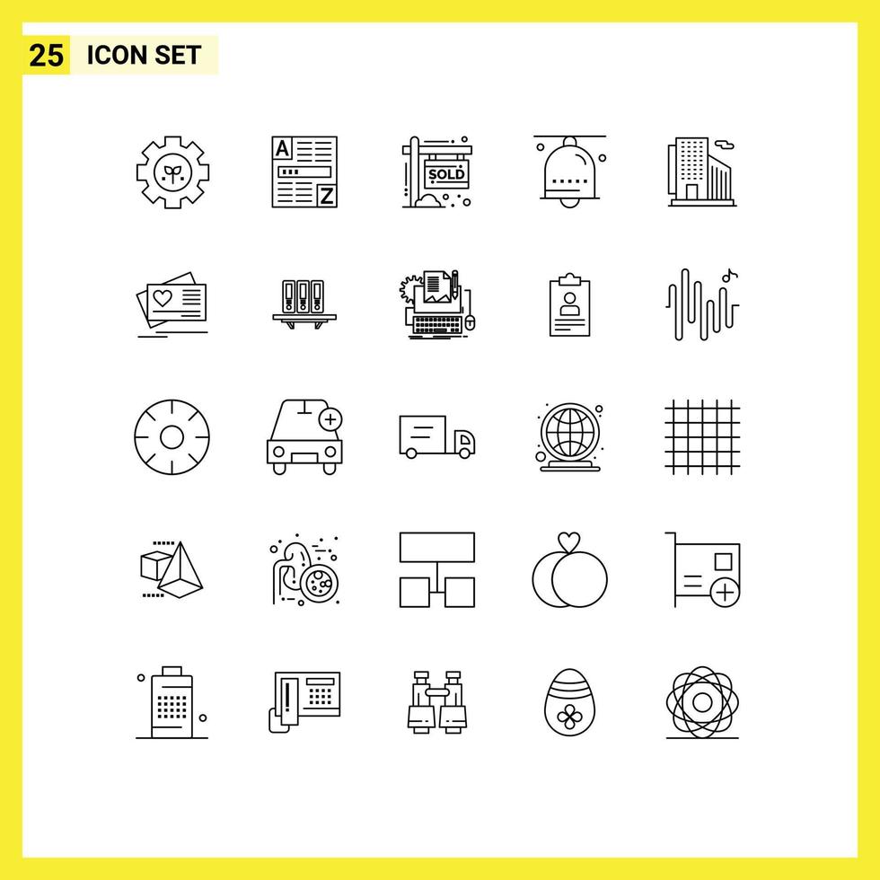 Line Pack of 25 Universal Symbols of building notification house hand bell alarm Editable Vector Design Elements