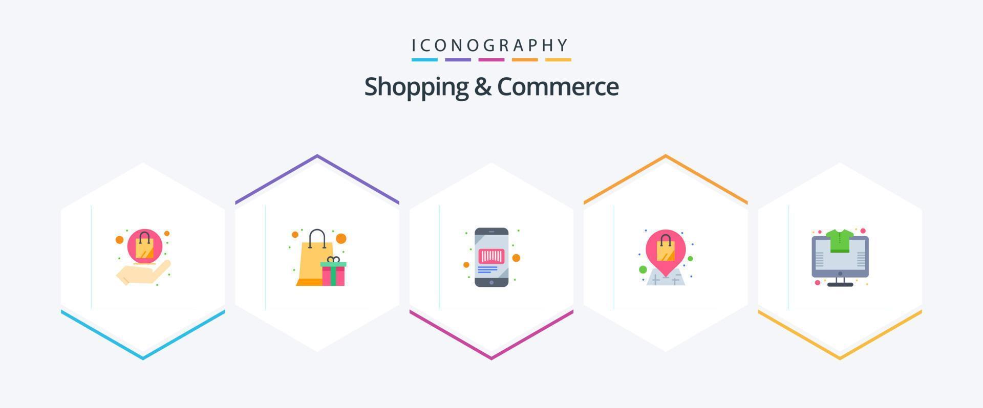 compras y comercio 25 paquete de iconos planos, incluido en línea. compras. código de barras. comercio. escáner vector