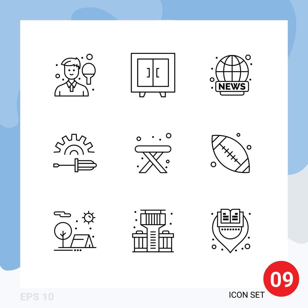 9 User Interface Outline Pack of modern Signs and Symbols of camping screw school driver news Editable Vector Design Elements