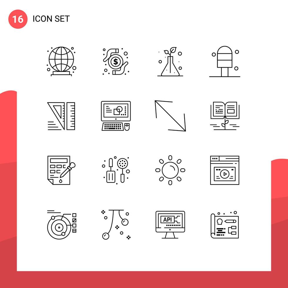 Group of 16 Modern Outlines Set for creative computer flask tools education Editable Vector Design Elements