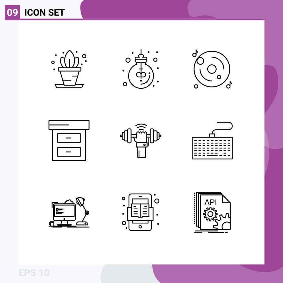 Modern Set of 9 Outlines Pictograph of lifting dumbbell disk finance archive Editable Vector Design Elements