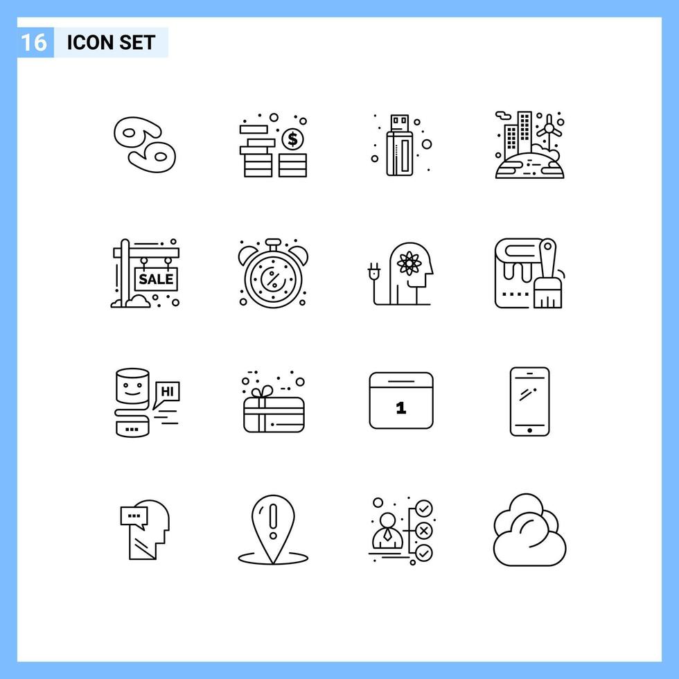 Universal Icon Symbols Group of 16 Modern Outlines of sale board cable wind renewable Editable Vector Design Elements