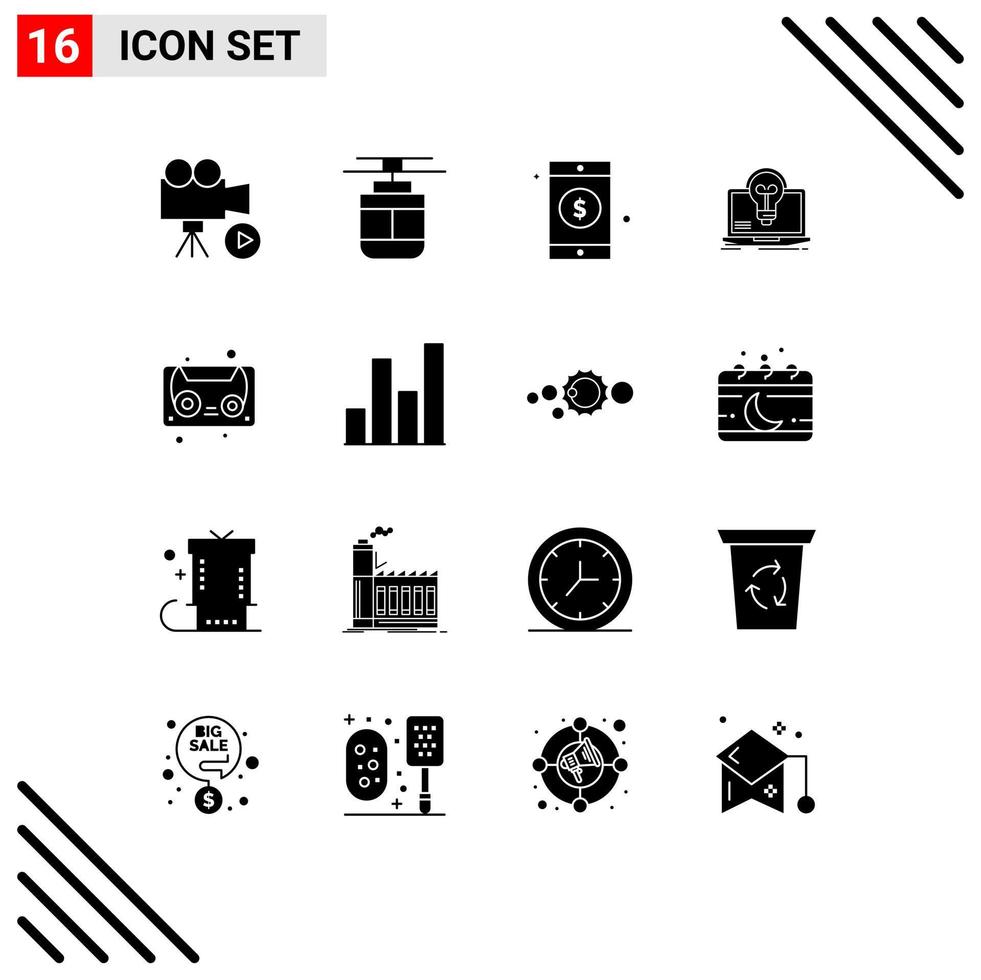 Group of 16 Modern Solid Glyphs Set for file laptop transportation success sign Editable Vector Design Elements