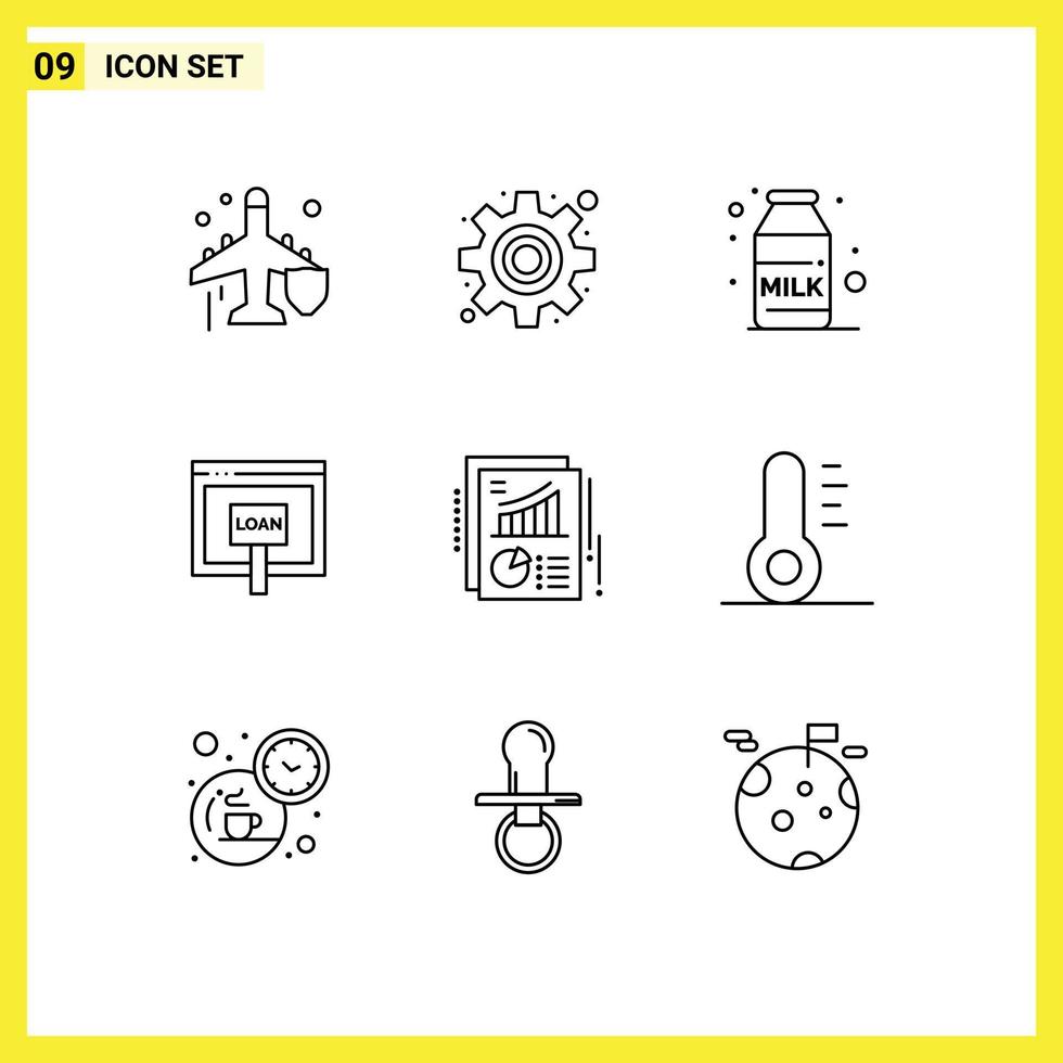 Group of 9 Outlines Signs and Symbols for pie chart coffee online loan Editable Vector Design Elements