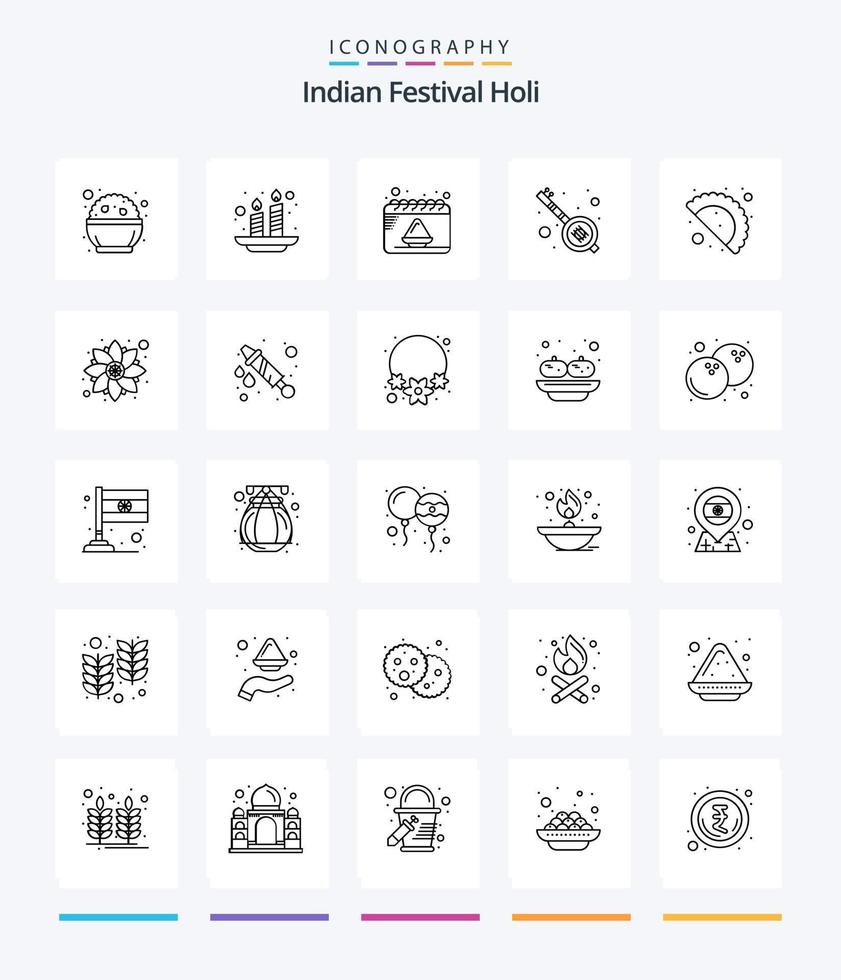 Creative Holi 25 OutLine icon pack  Such As gujjia. party. calendar. veena. india vector