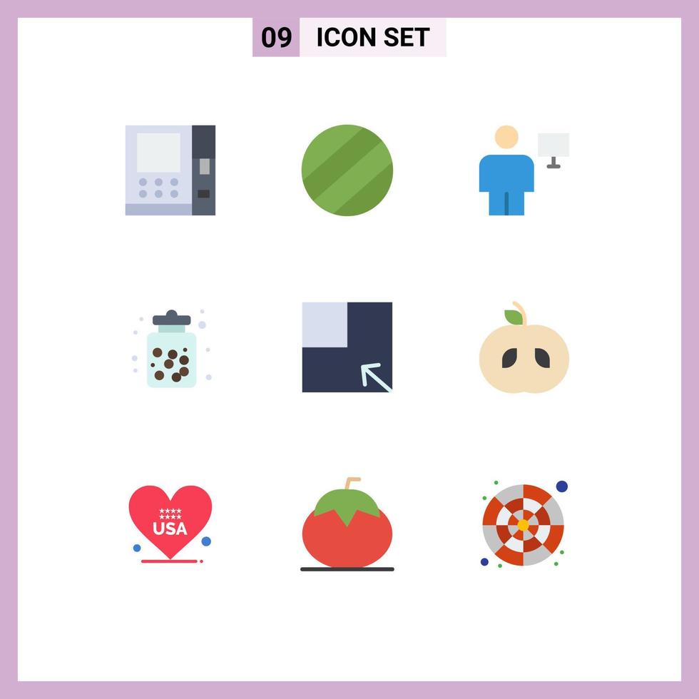 conjunto de 9 paquetes de colores planos comerciales para elementos de diseño vectorial editables de comida de diseño de pantalla de giro de manzana vector