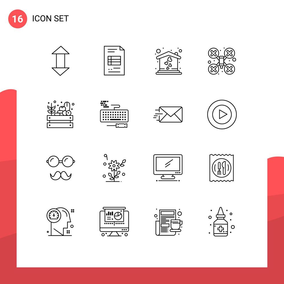 Modern Set of 16 Outlines Pictograph of food farm home drone robot camera Editable Vector Design Elements